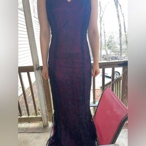 Night Moves Long Burgundy/ Purple Prom Dress with Roses